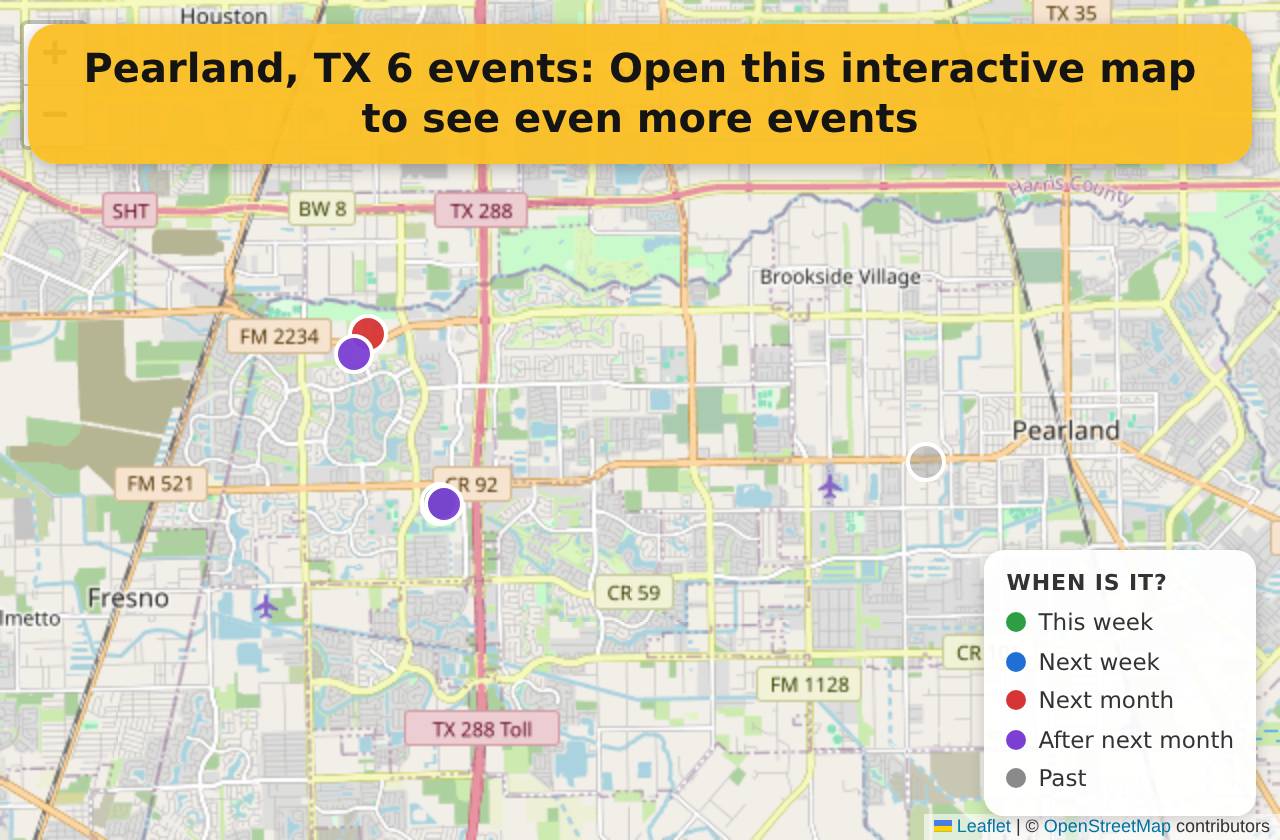 Map of events in Pearland, TX on the interactive EVENTULIST map