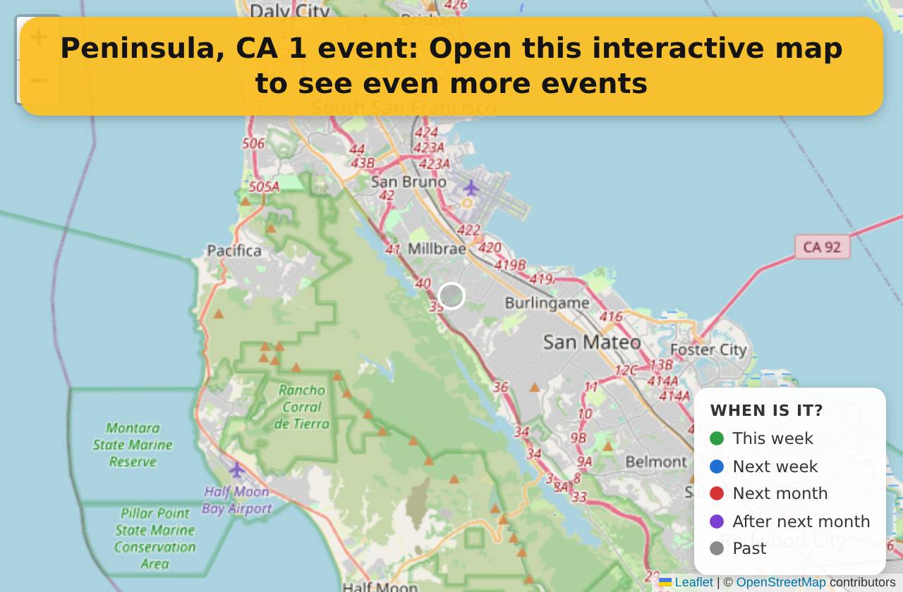 Map of events in Peninsula, CA on the interactive EVENTULIST map