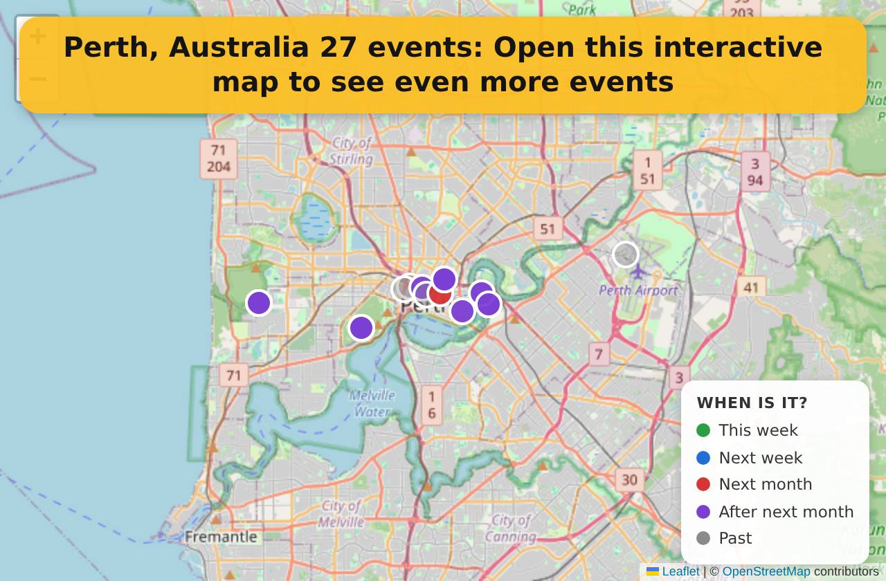 Map of events in Perth, Australia on the interactive EVENTULIST map