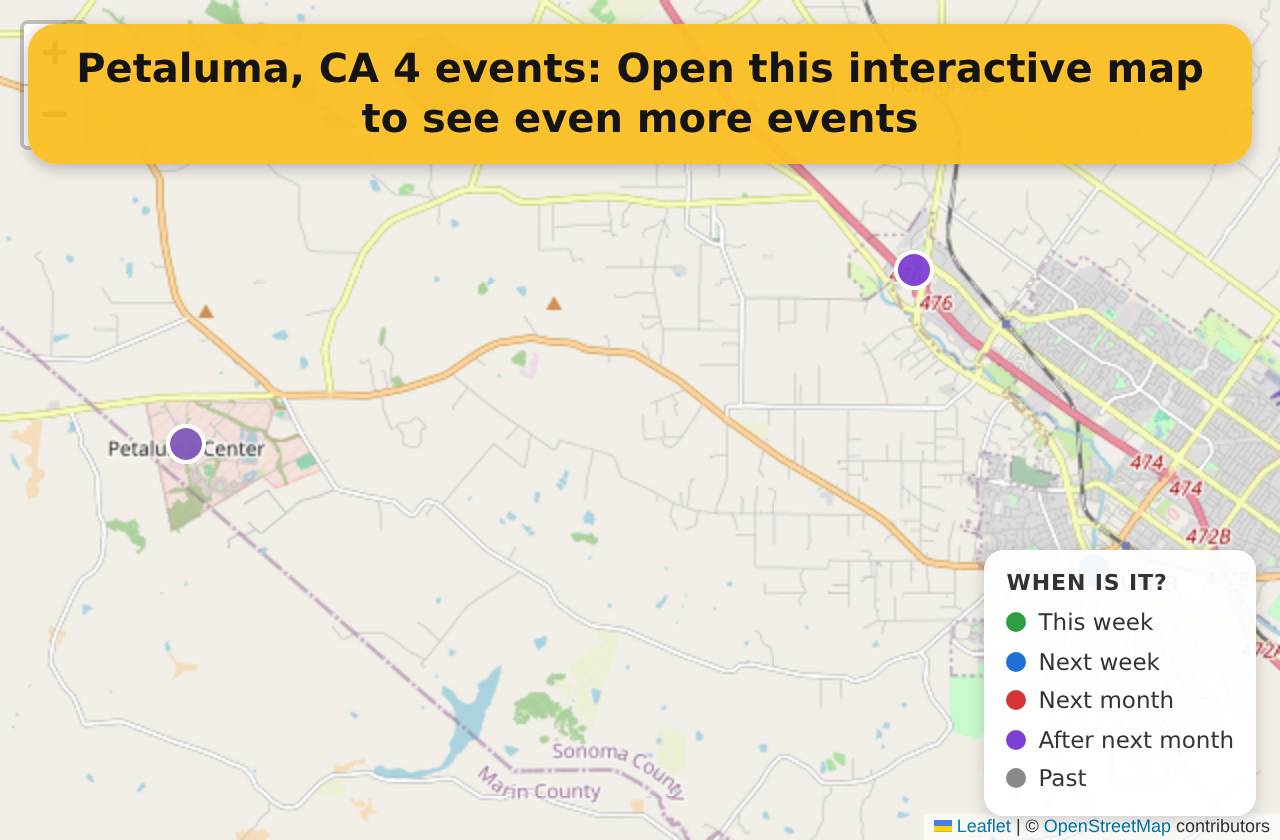 Map of events in Petaluma, CA on the interactive EVENTULIST map