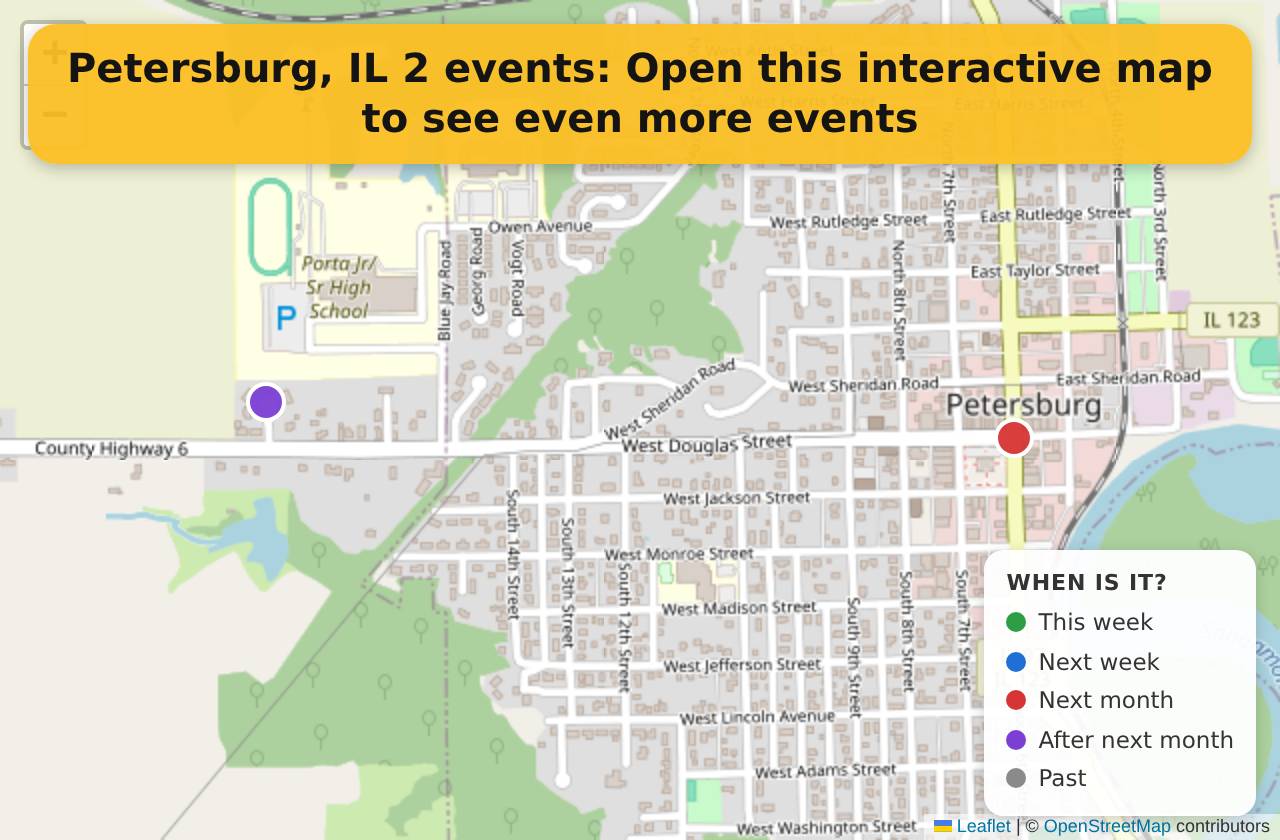 Map of events in Petersburg, IL on the interactive EVENTULIST map