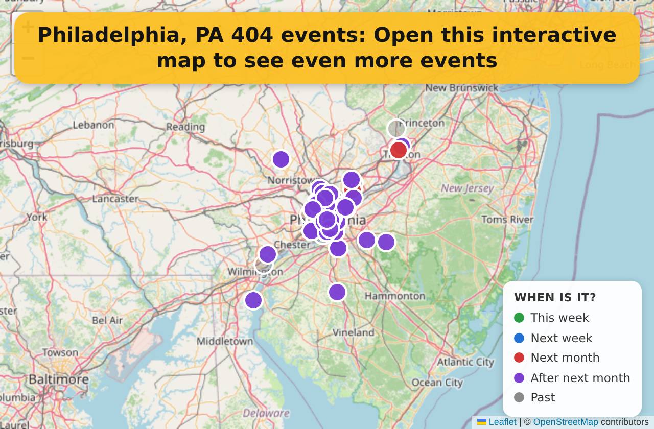 Map of events in Philadelphia, PA on the interactive EVENTULIST map