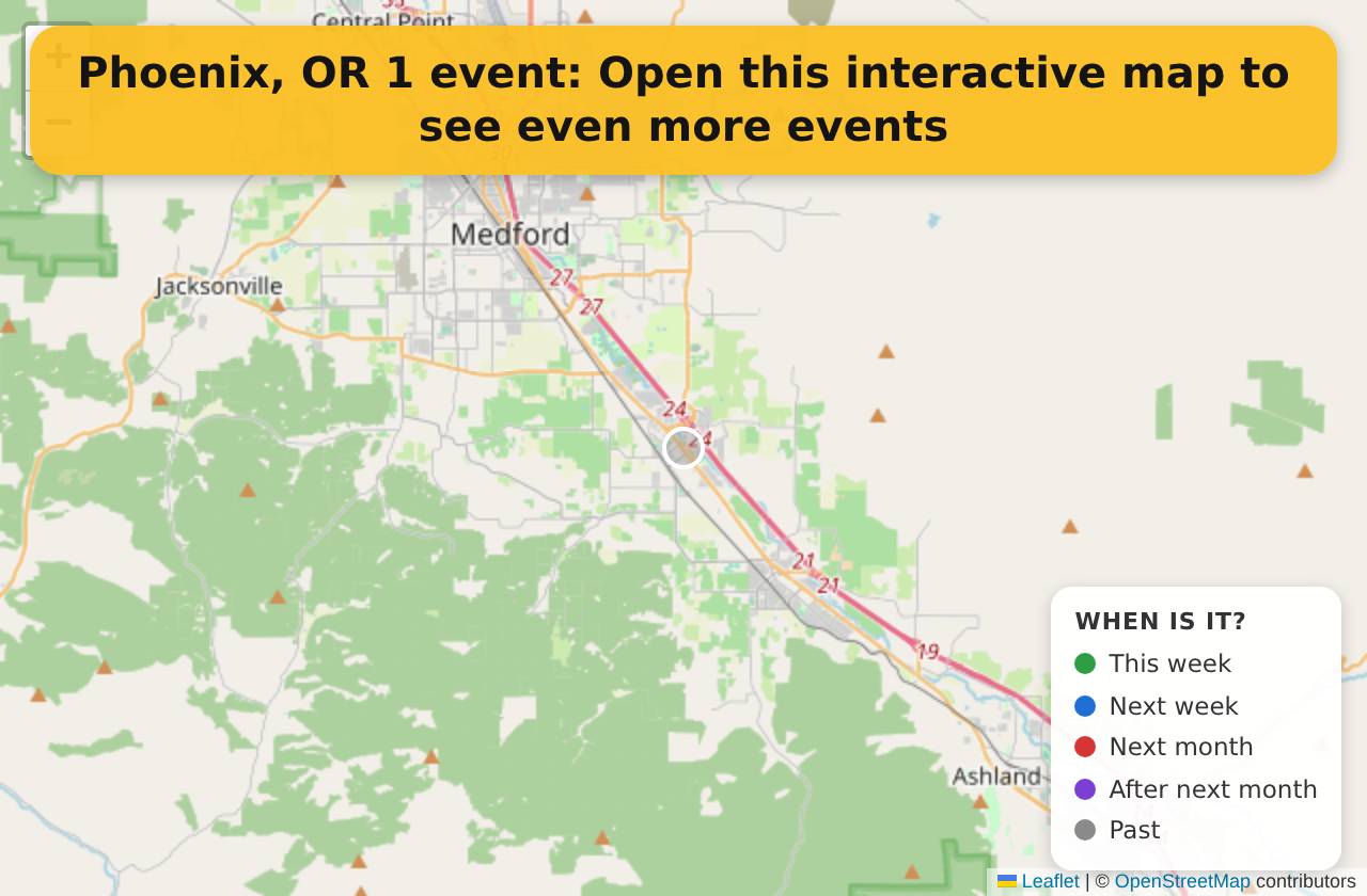 Map of events in Phoenix, OR on the interactive EVENTULIST map