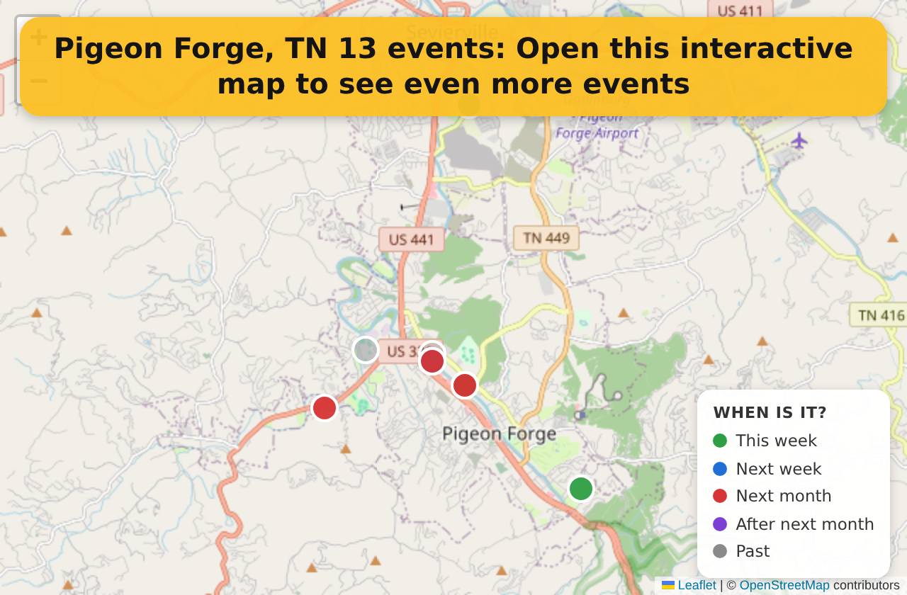 Map of events in Pigeon Forge, TN on the interactive EVENTULIST map