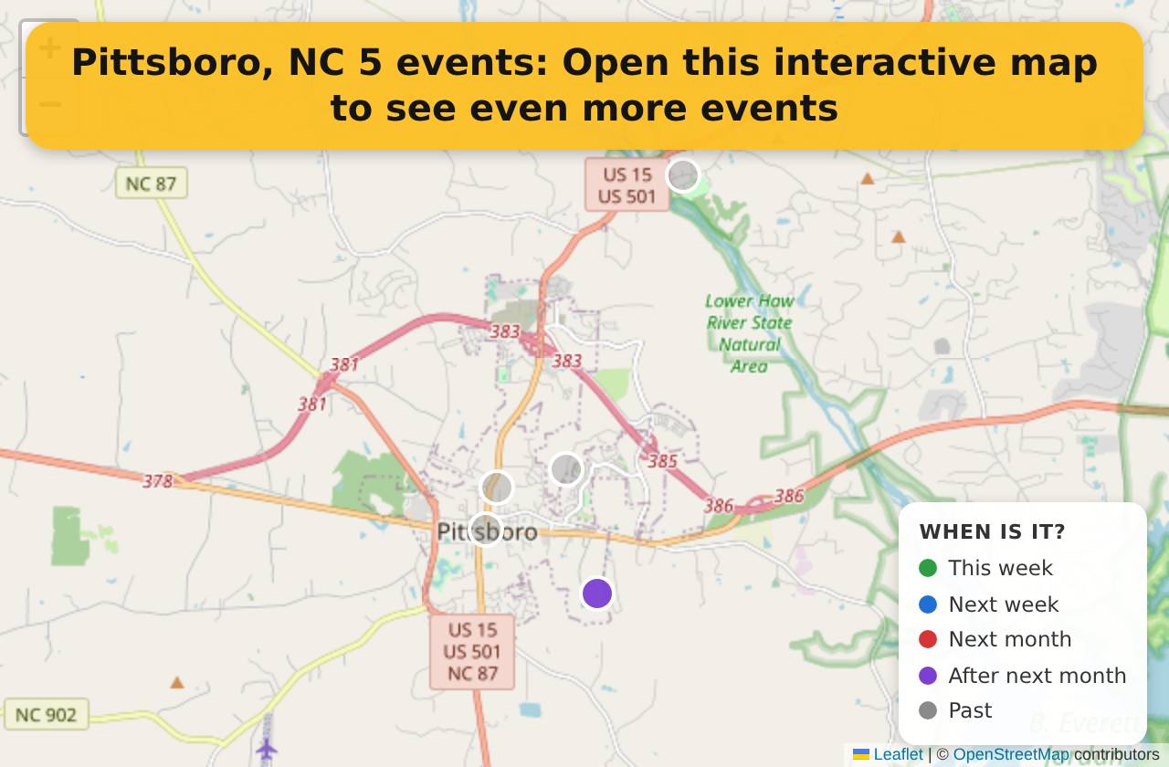Map of events in Pittsboro, NC on the interactive EVENTULIST map