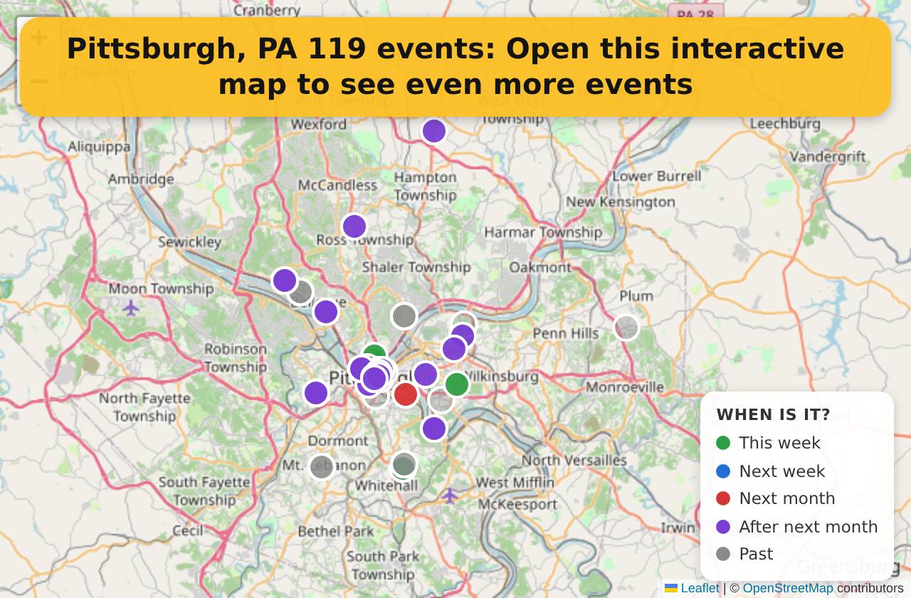 Map of events in Pittsburgh, PA on the interactive EVENTULIST map
