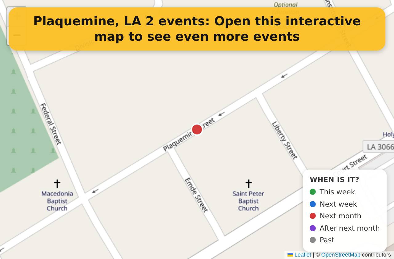 Map of events in Plaquemine, LA on the interactive EVENTULIST map