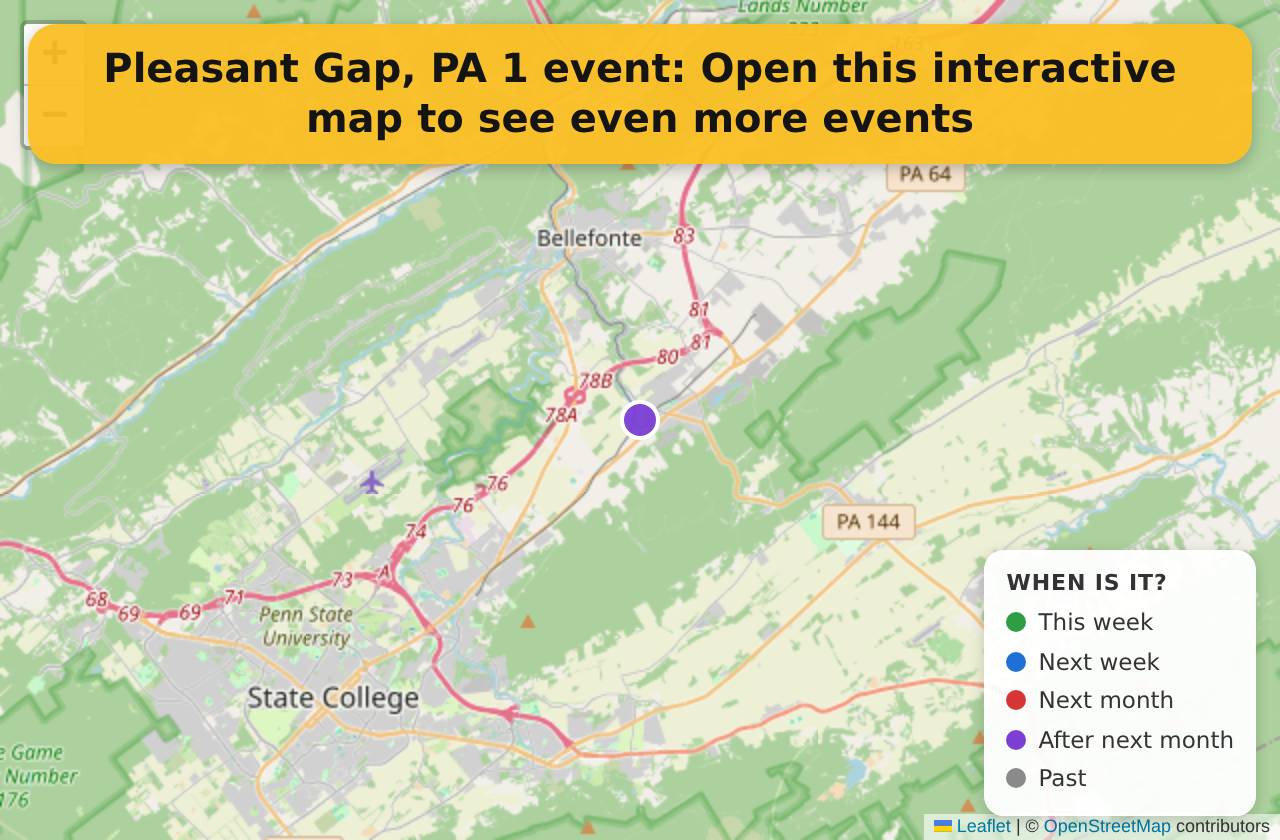 Map of events in Pleasant Gap, PA on the interactive EVENTULIST map