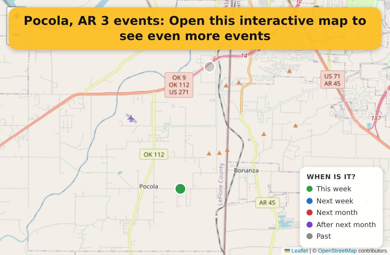 Map of events in Pocola, AR on the interactive EVENTULIST map