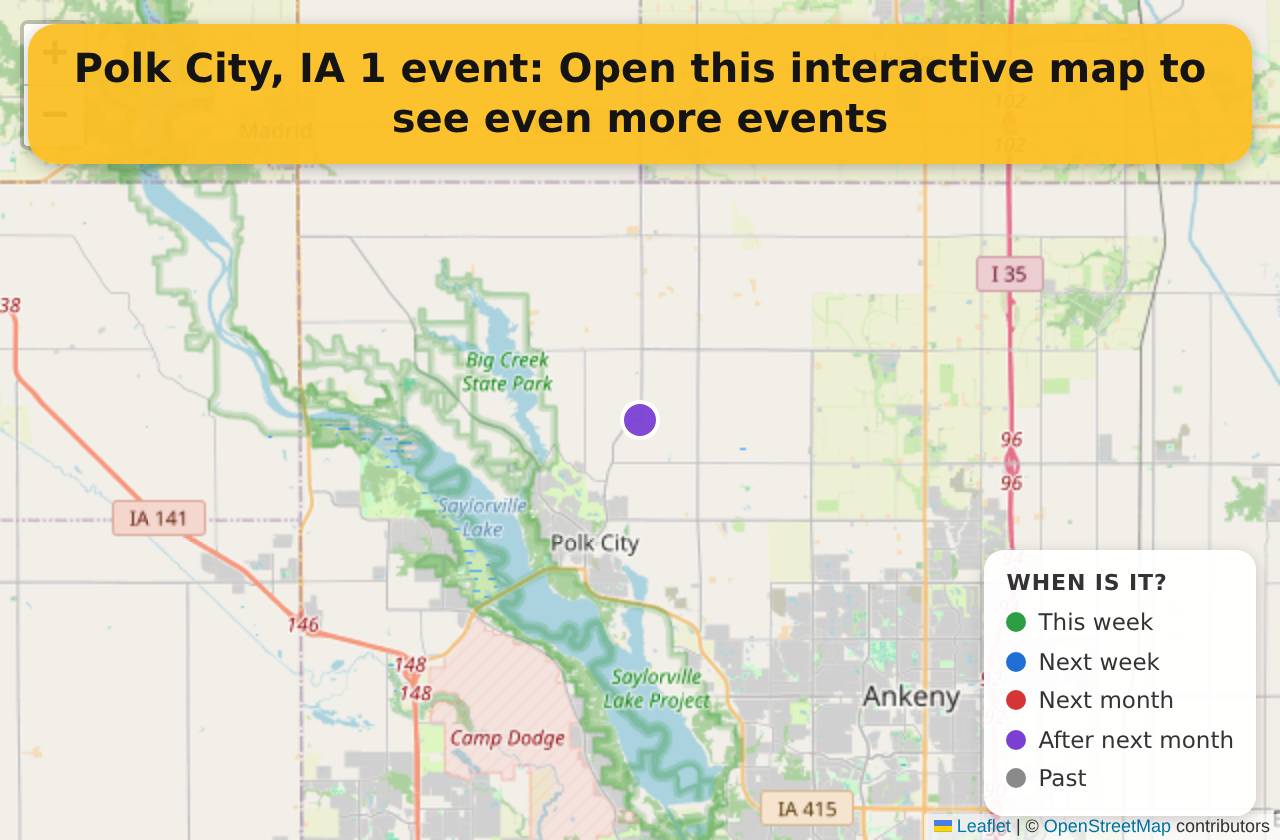 Map of events in Polk City, IA on the interactive EVENTULIST map
