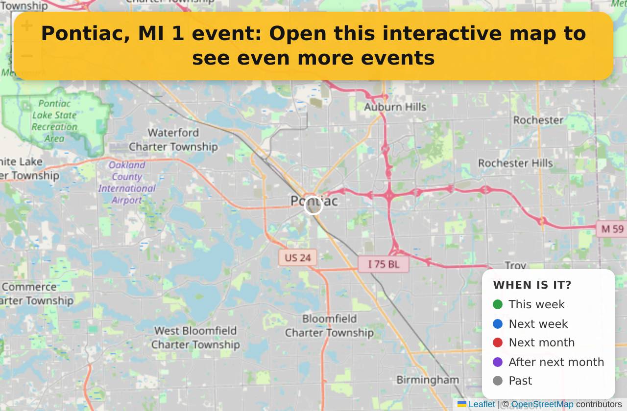 Map of events in Pontiac, MI on the interactive EVENTULIST map