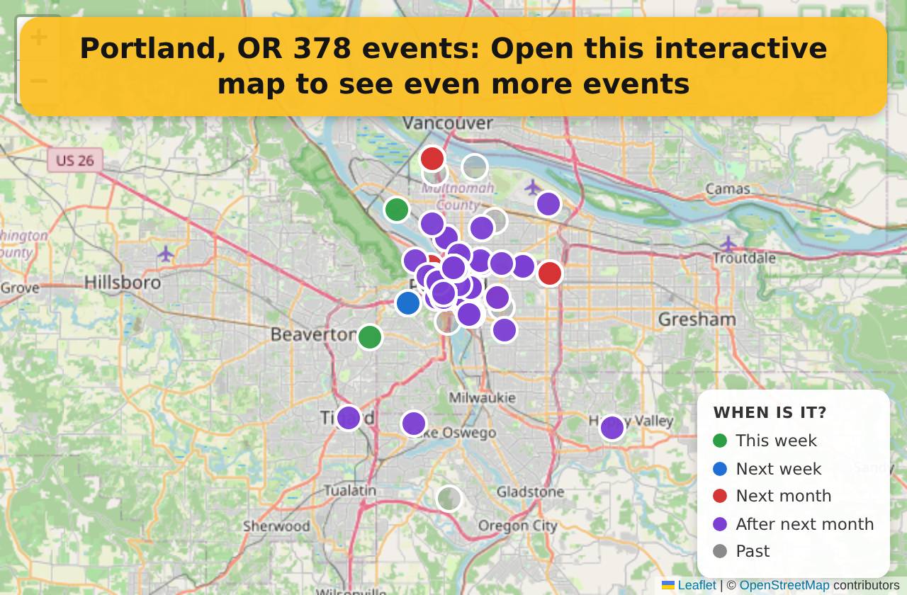 Map of events in Portland, OR on the interactive EVENTULIST map