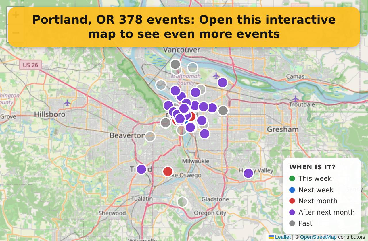 Map of events in Portland, OR on the interactive EVENTULIST map
