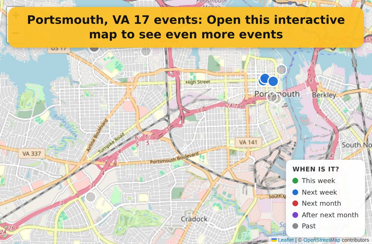 Map of events in Portsmouth, VA on the interactive EVENTULIST map