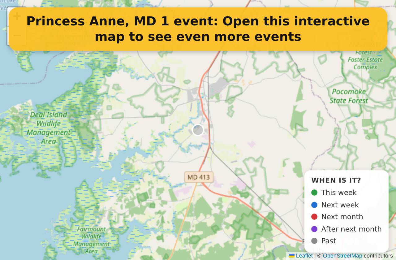 Map of events in Princess Anne, MD on the interactive EVENTULIST map