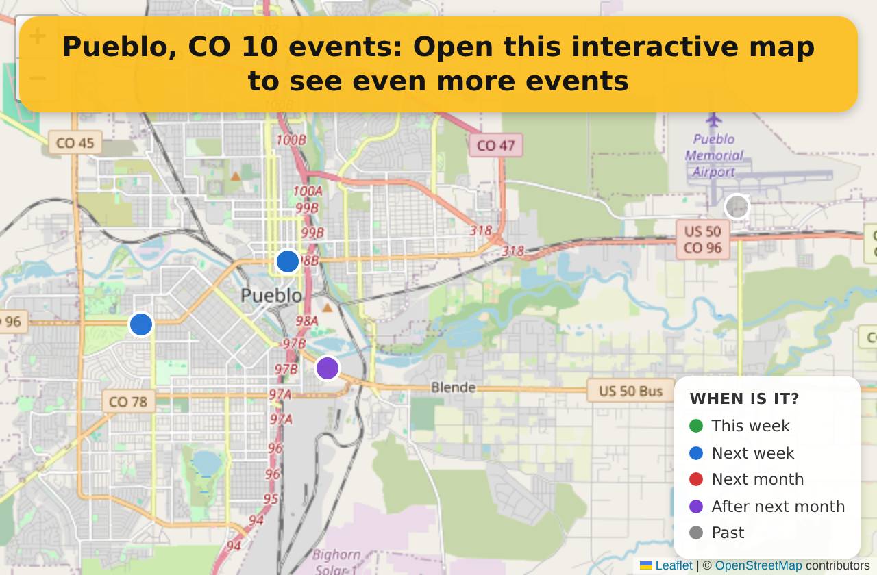 Map of events in Pueblo, CO on the interactive EVENTULIST map