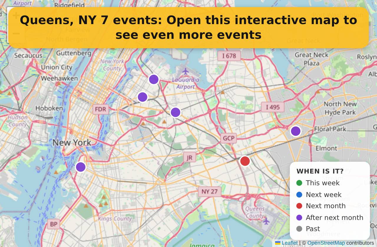 Map of events in Queens, NY on the interactive EVENTULIST map