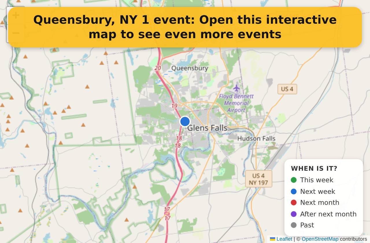 Map of events in Queensbury, NY on the interactive EVENTULIST map