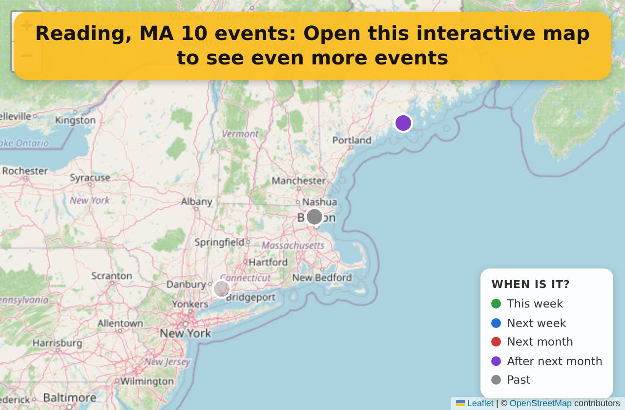 Map of events in Reading, MA on the interactive EVENTULIST map