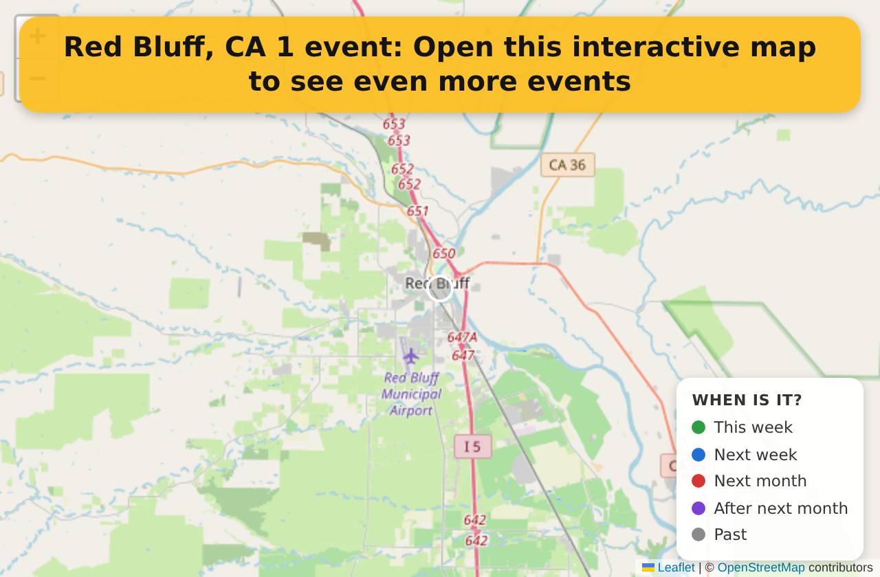 Map of events in Red Bluff, CA on the interactive EVENTULIST map