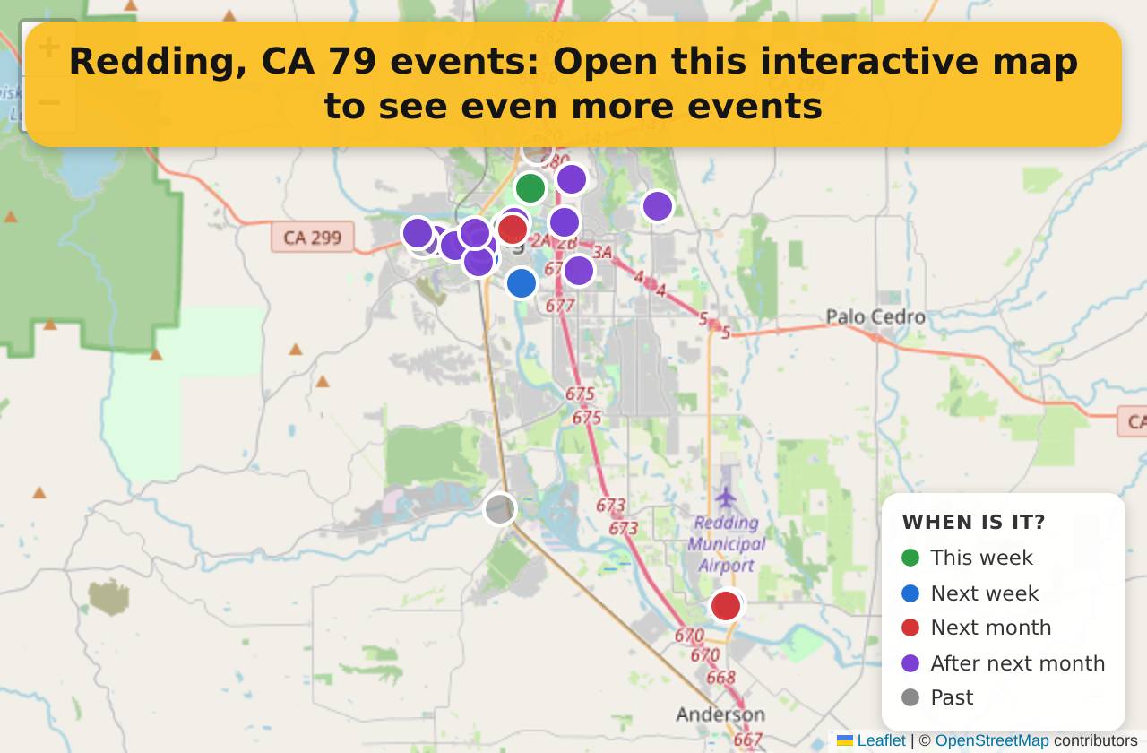 Map of events in Redding, CA on the interactive EVENTULIST map