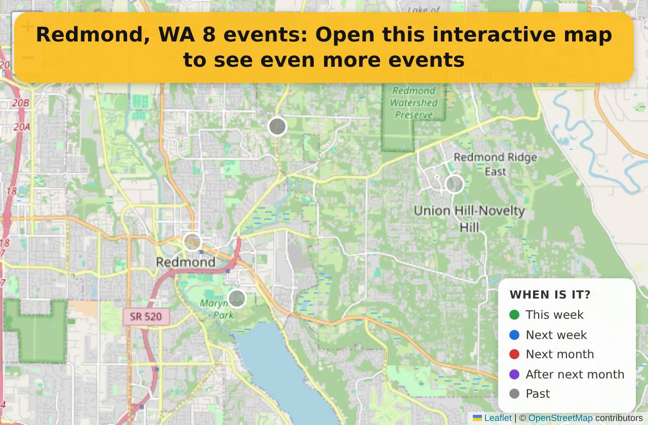 Map of events in Redmond, WA on the interactive EVENTULIST map