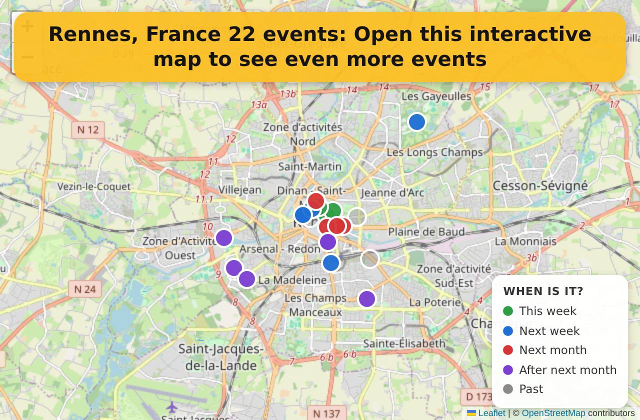 Map of events in Rennes, France on the interactive EVENTULIST map