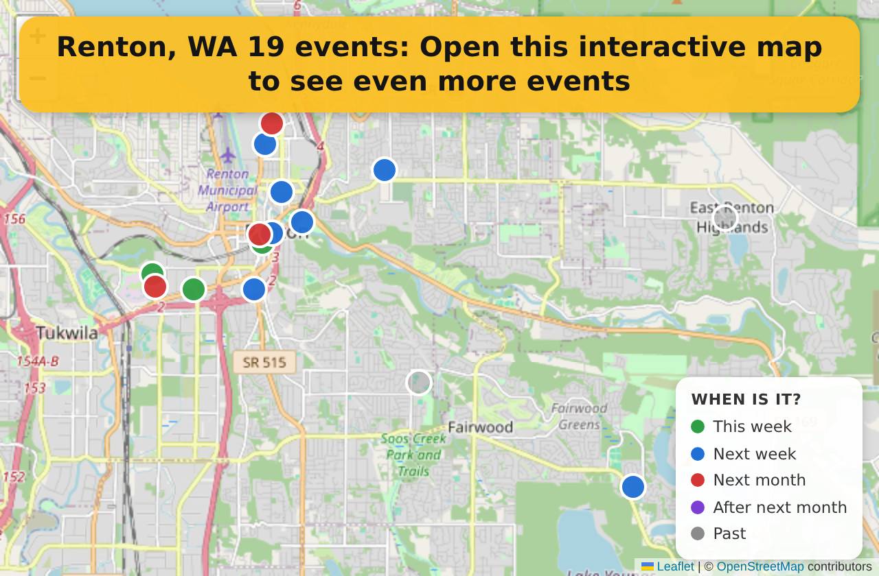 Map of events in Renton, WA on the interactive EVENTULIST map