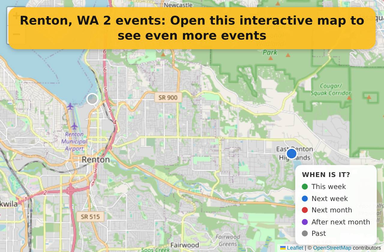 Map of events in Renton, WA on the interactive EVENTULIST map