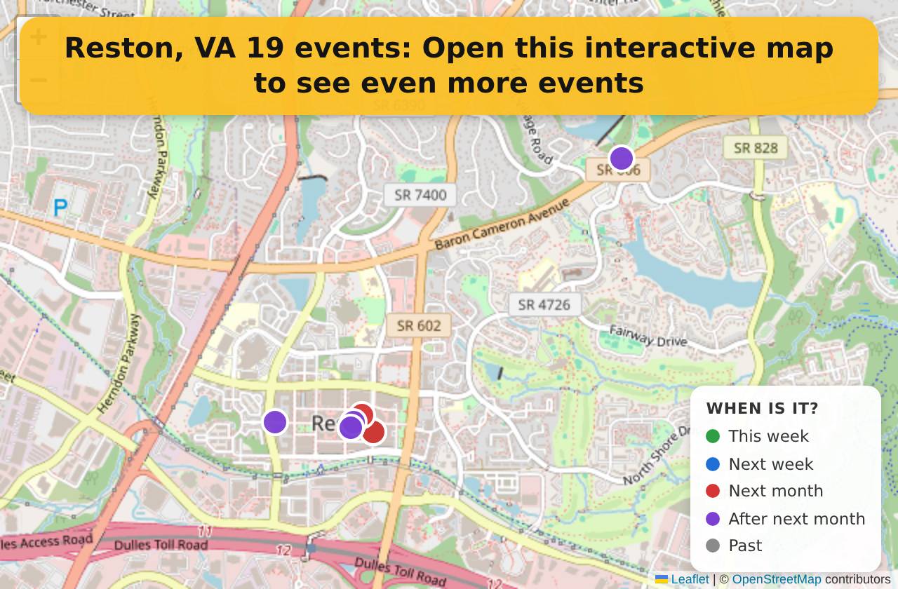 Map of events in Reston, VA on the interactive EVENTULIST map