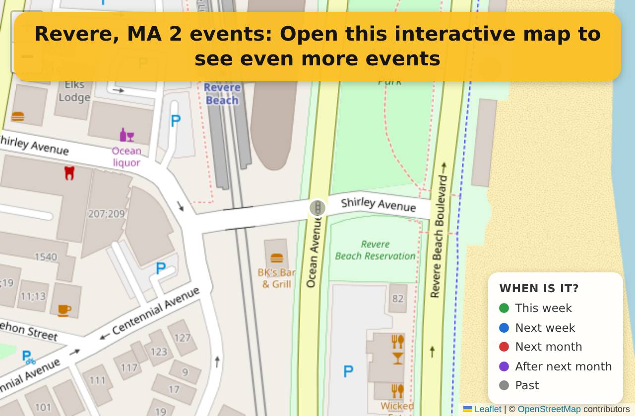 Map of events in Revere, MA on the interactive EVENTULIST map