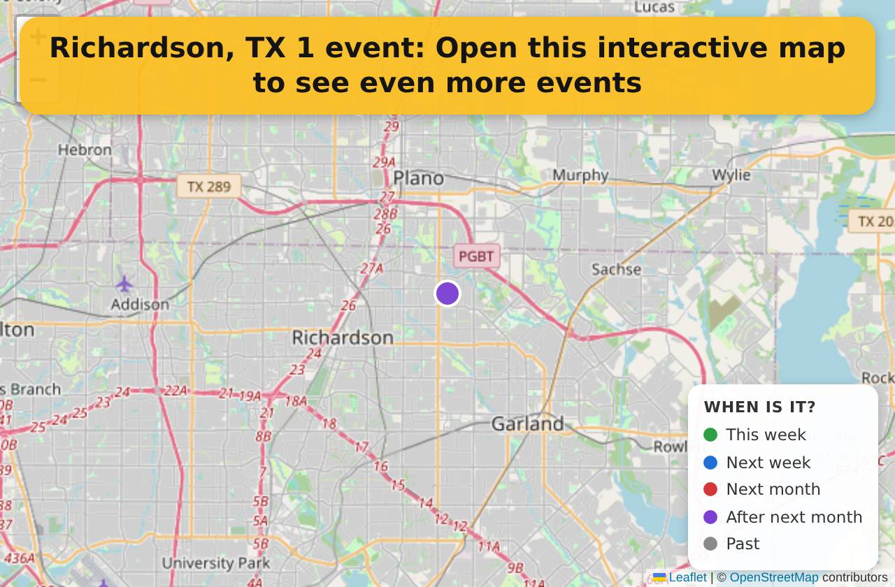 Map of events in Richardson, TX on the interactive EVENTULIST map