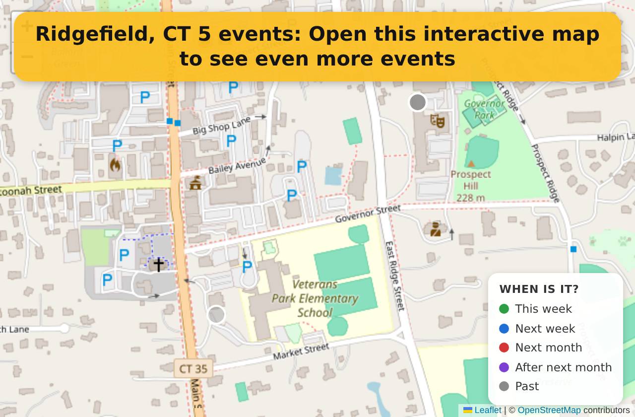 Map of events in Ridgefield, CT on the interactive EVENTULIST map
