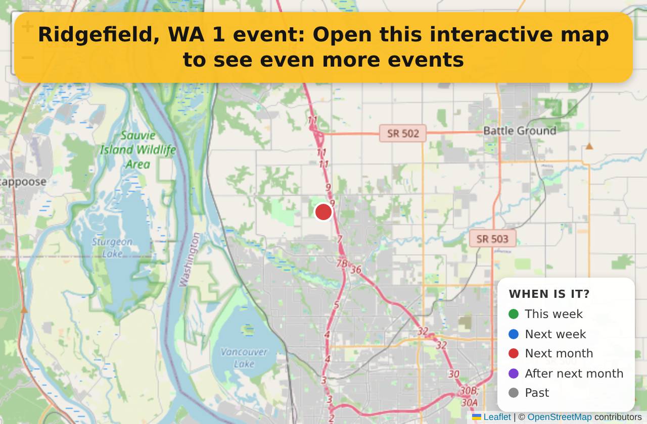Map of events in Ridgefield, WA on the interactive EVENTULIST map