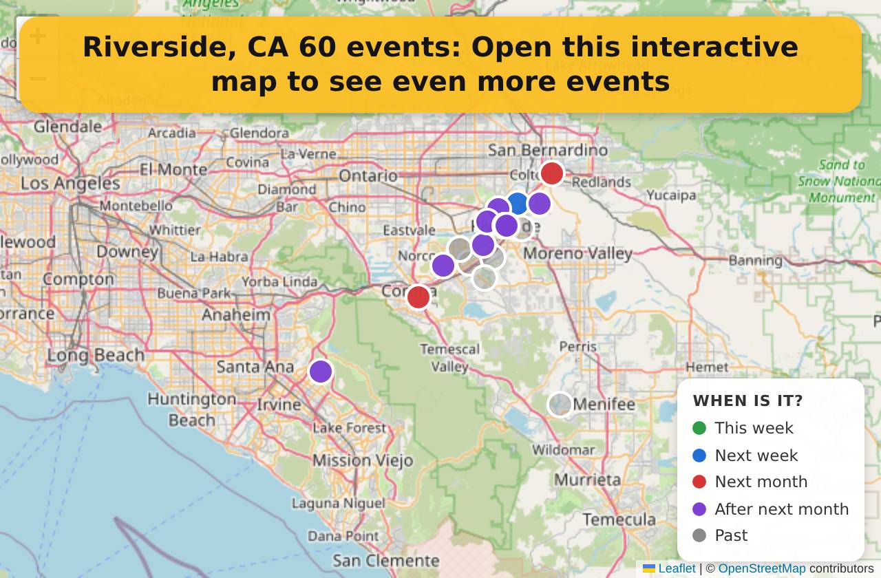 Map of events in Riverside, CA on the interactive EVENTULIST map