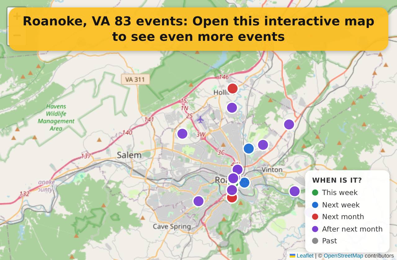 Map of events in Roanoke, VA on the interactive EVENTULIST map