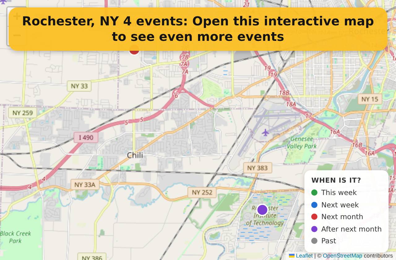 Map of events in Rochester, NY on the interactive EVENTULIST map