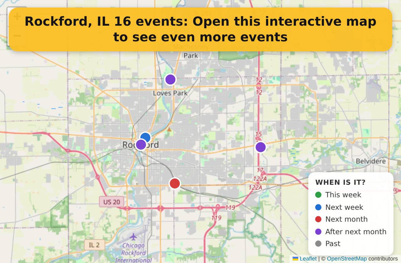 Map of events in Rockford, IL on the interactive EVENTULIST map