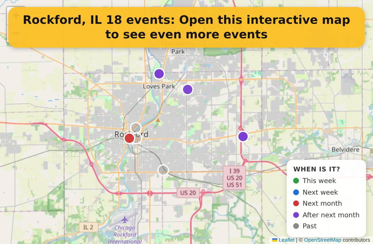 Map of events in Rockford, IL on the interactive EVENTULIST map