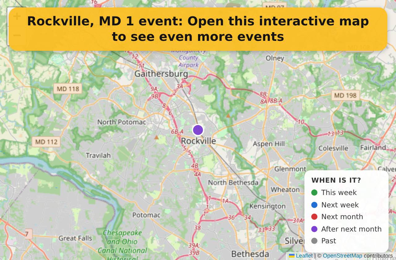 Map of events in Rockville, MD on the interactive EVENTULIST map