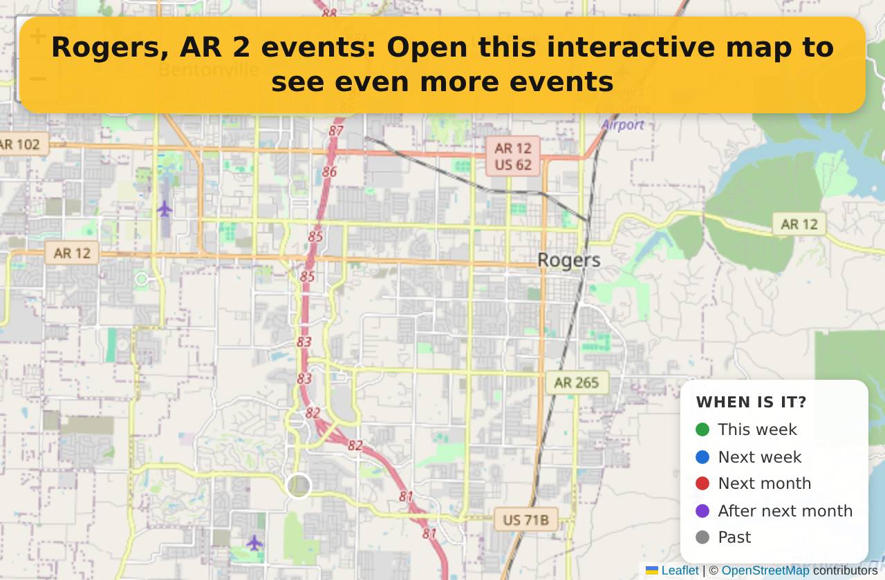 Map of events in Rogers, AR on the interactive EVENTULIST map