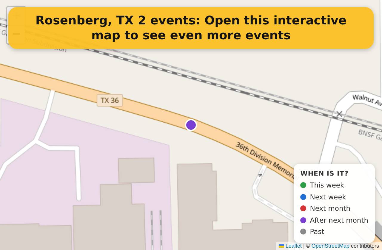 Map of events in Rosenberg, TX on the interactive EVENTULIST map