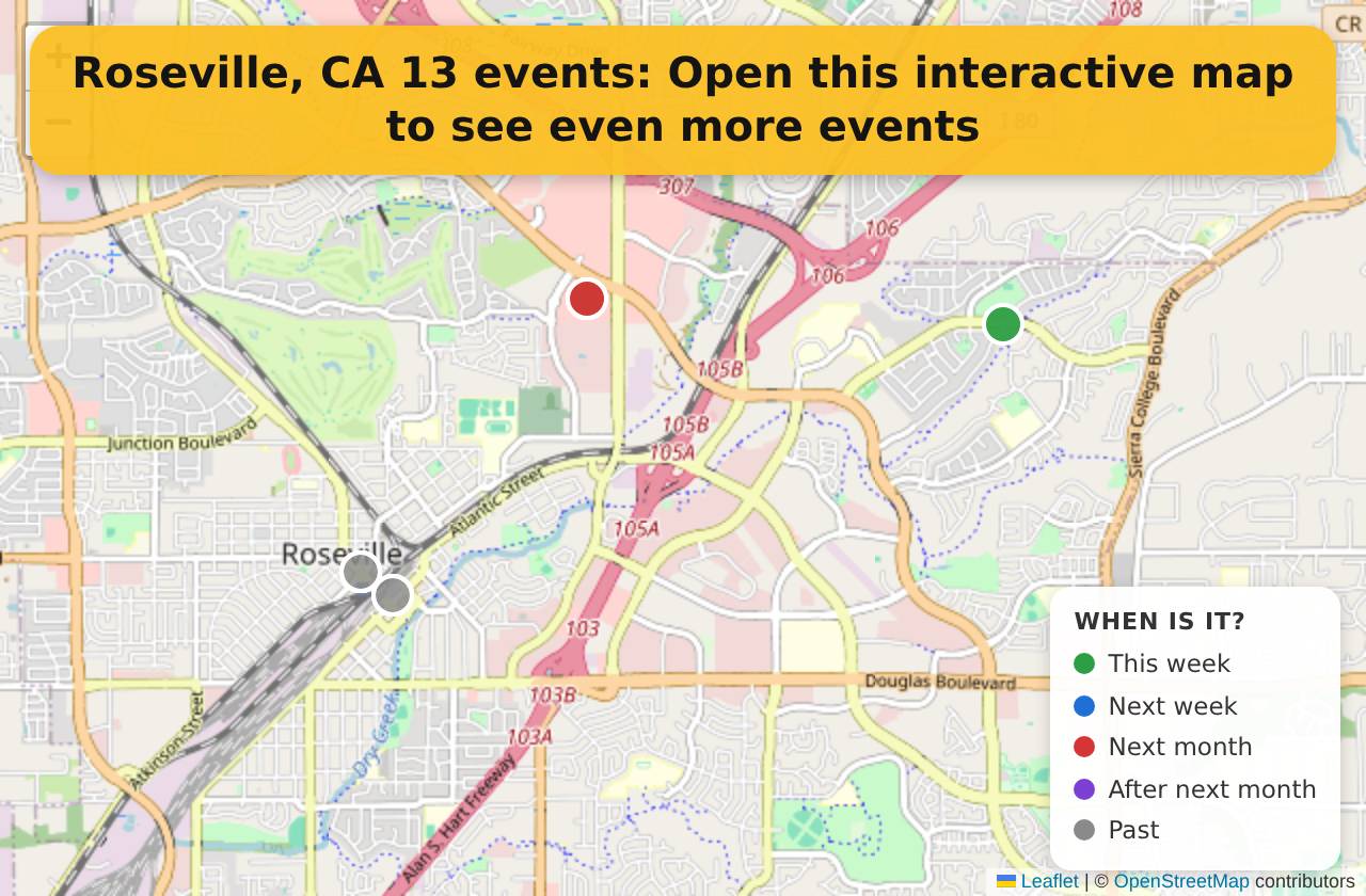 Map of events in Roseville, CA on the interactive EVENTULIST map