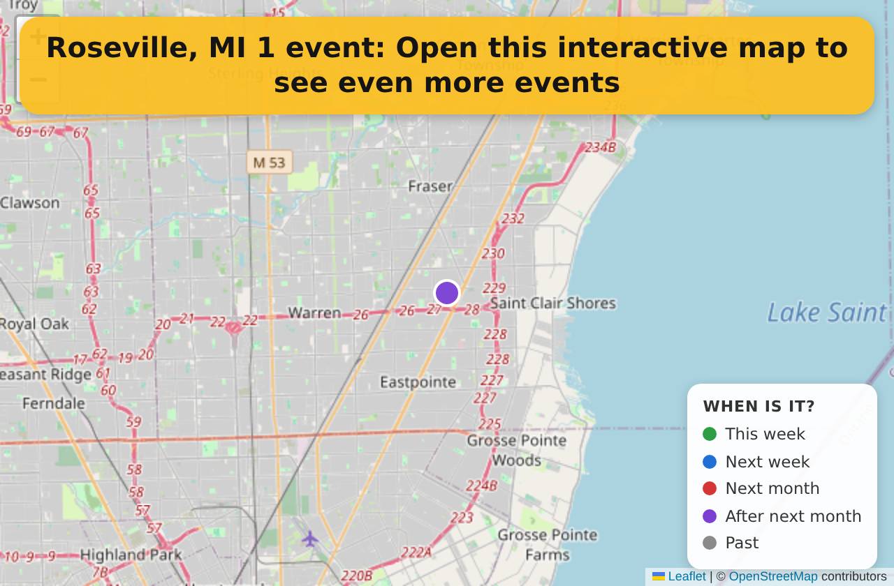 Map of events in Roseville, MI on the interactive EVENTULIST map