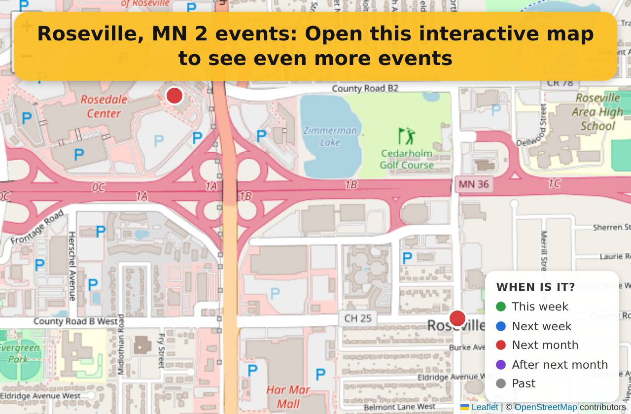Map of events in Roseville, MN on the interactive EVENTULIST map