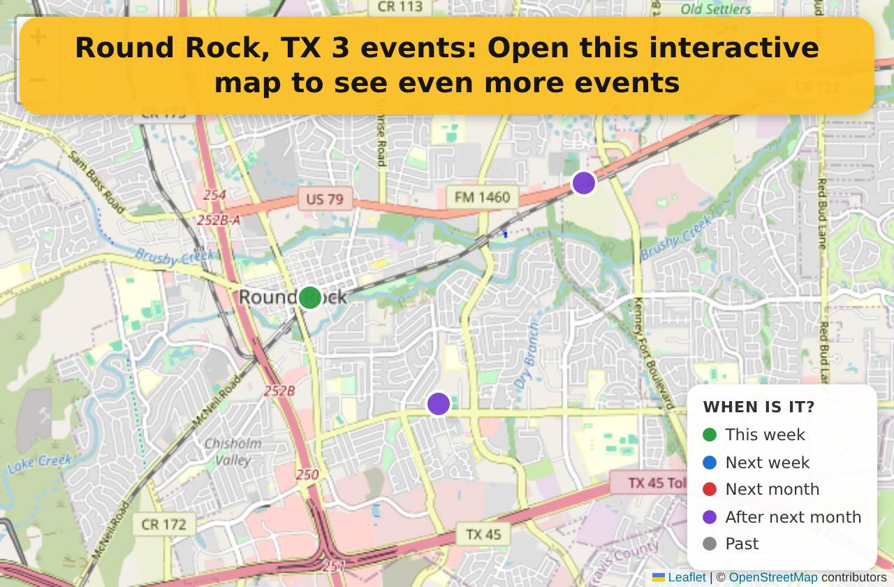 Map of events in Round Rock, TX on the interactive EVENTULIST map