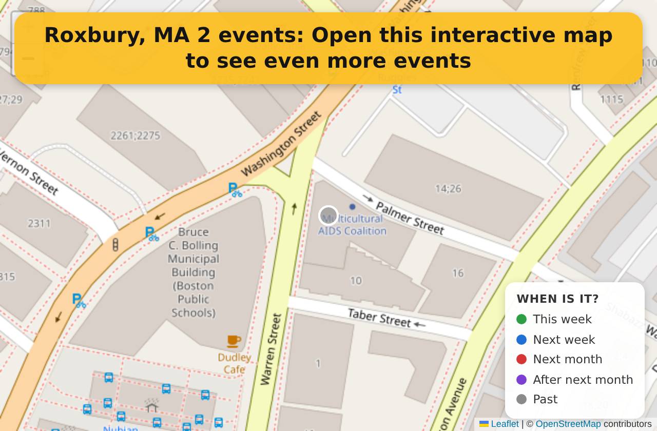Map of events in Roxbury, MA on the interactive EVENTULIST map