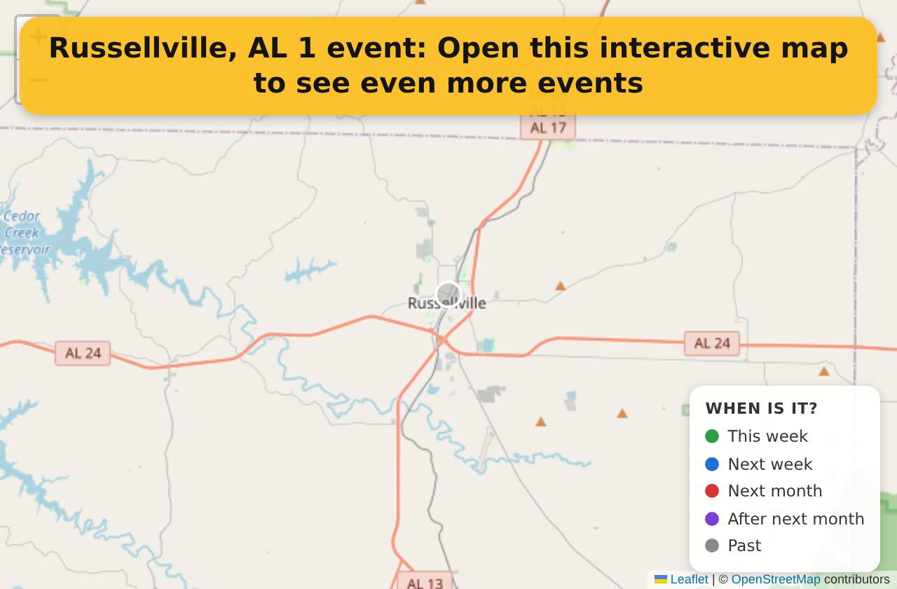 Map of events in Russellville, AL on the interactive EVENTULIST map