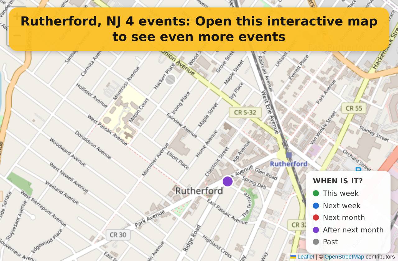 Map of events in Rutherford, NJ on the interactive EVENTULIST map