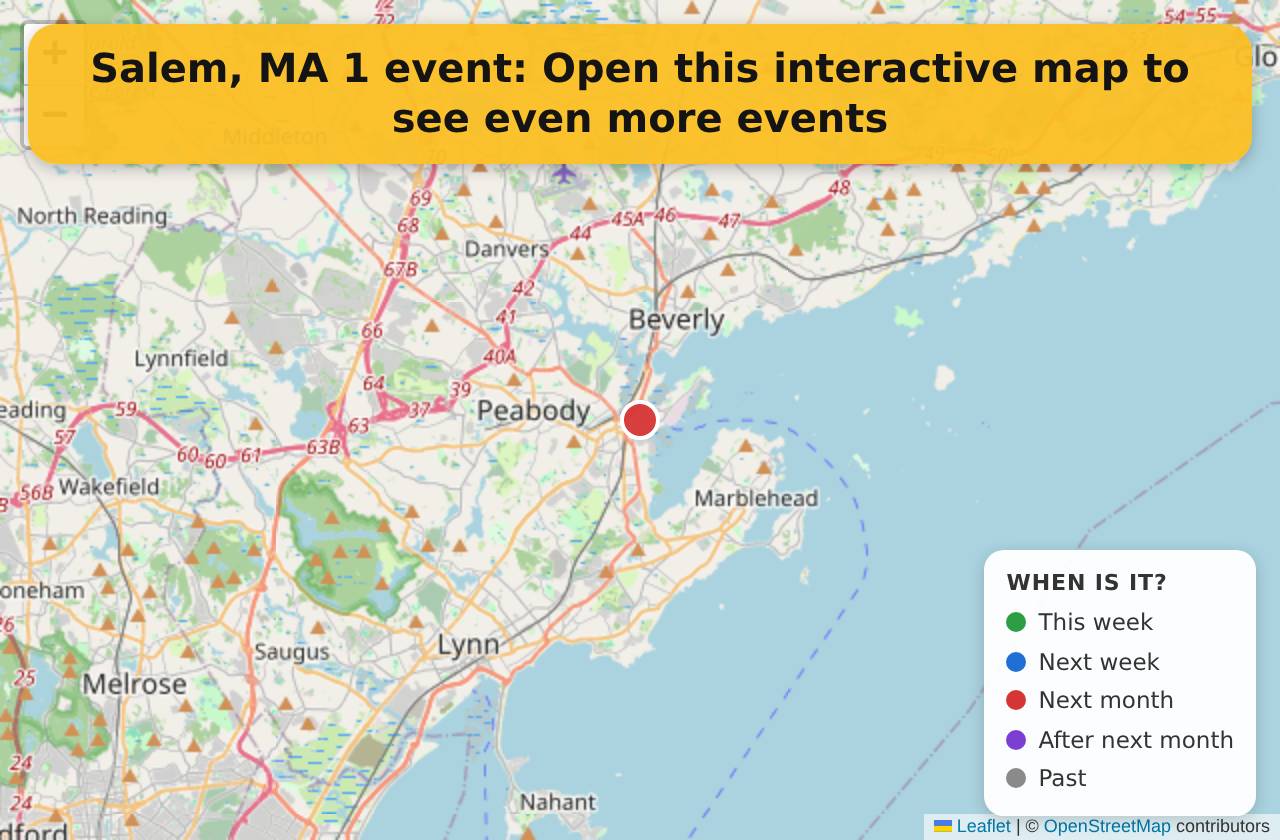 Map of events in Salem, MA on the interactive EVENTULIST map